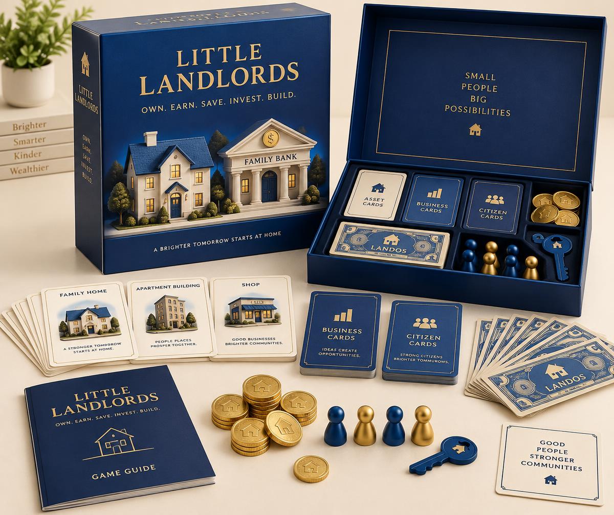 Open Little Landlords product concept with Asset, Business and Citizen Cards, Landos, a Key and game guide